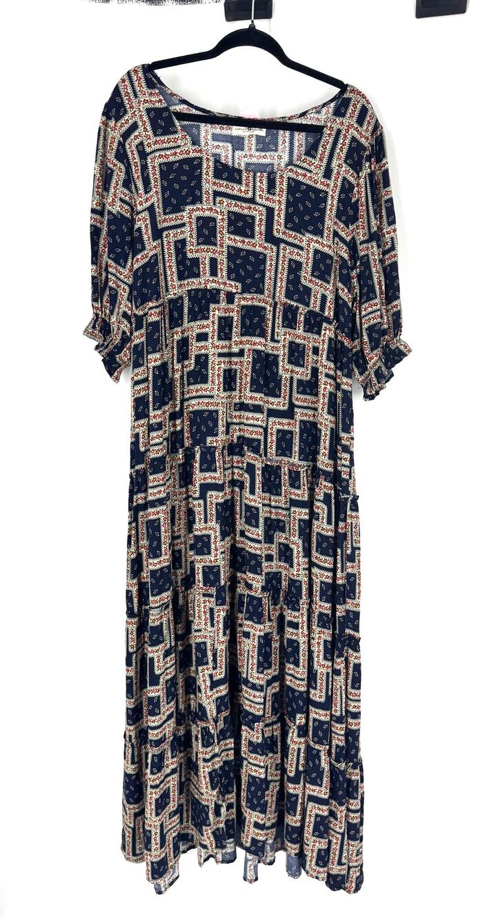Natural Life Navy Blue Floral Square Pattern Maxi Dress XL